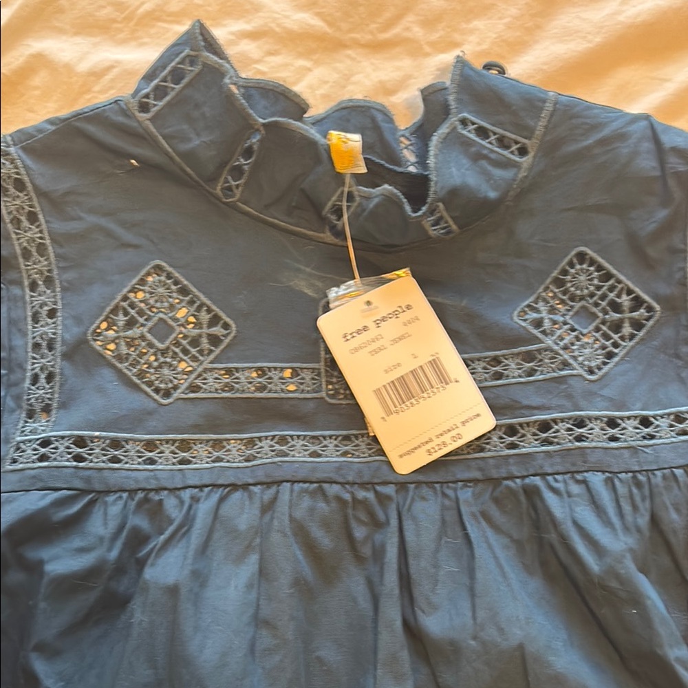Free People Navy Embroidered Blouse